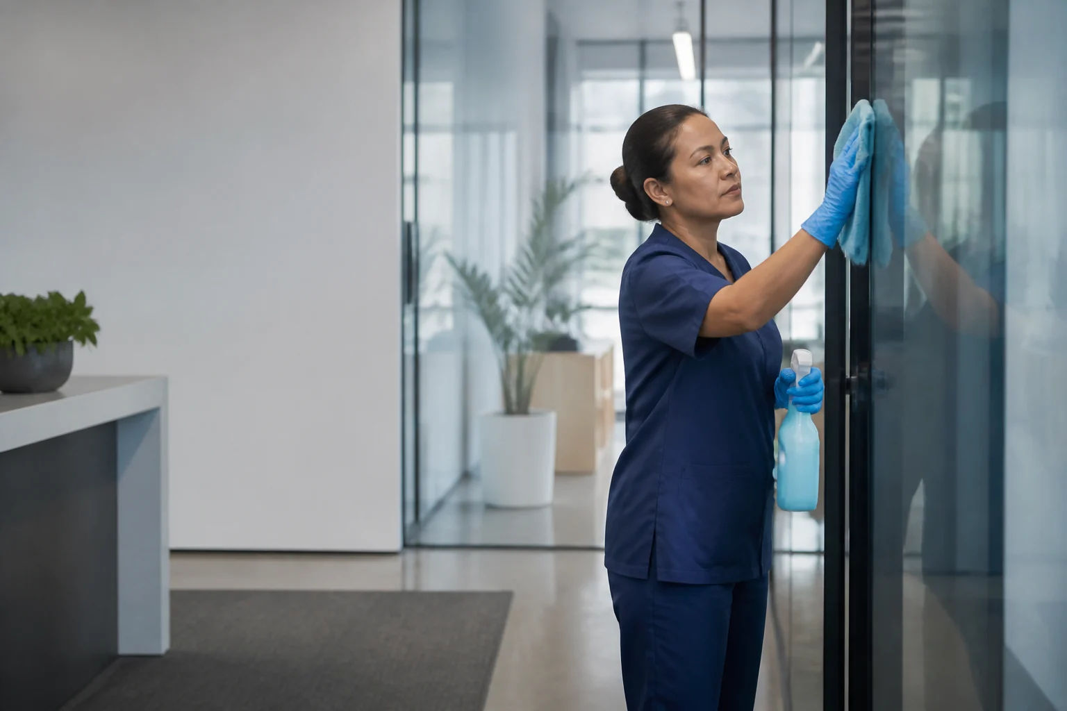 Professional cleaner working on a glass partition inside a commercial facility